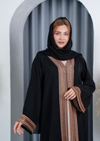 VIP black abaya with rose gold embroidery and organza details