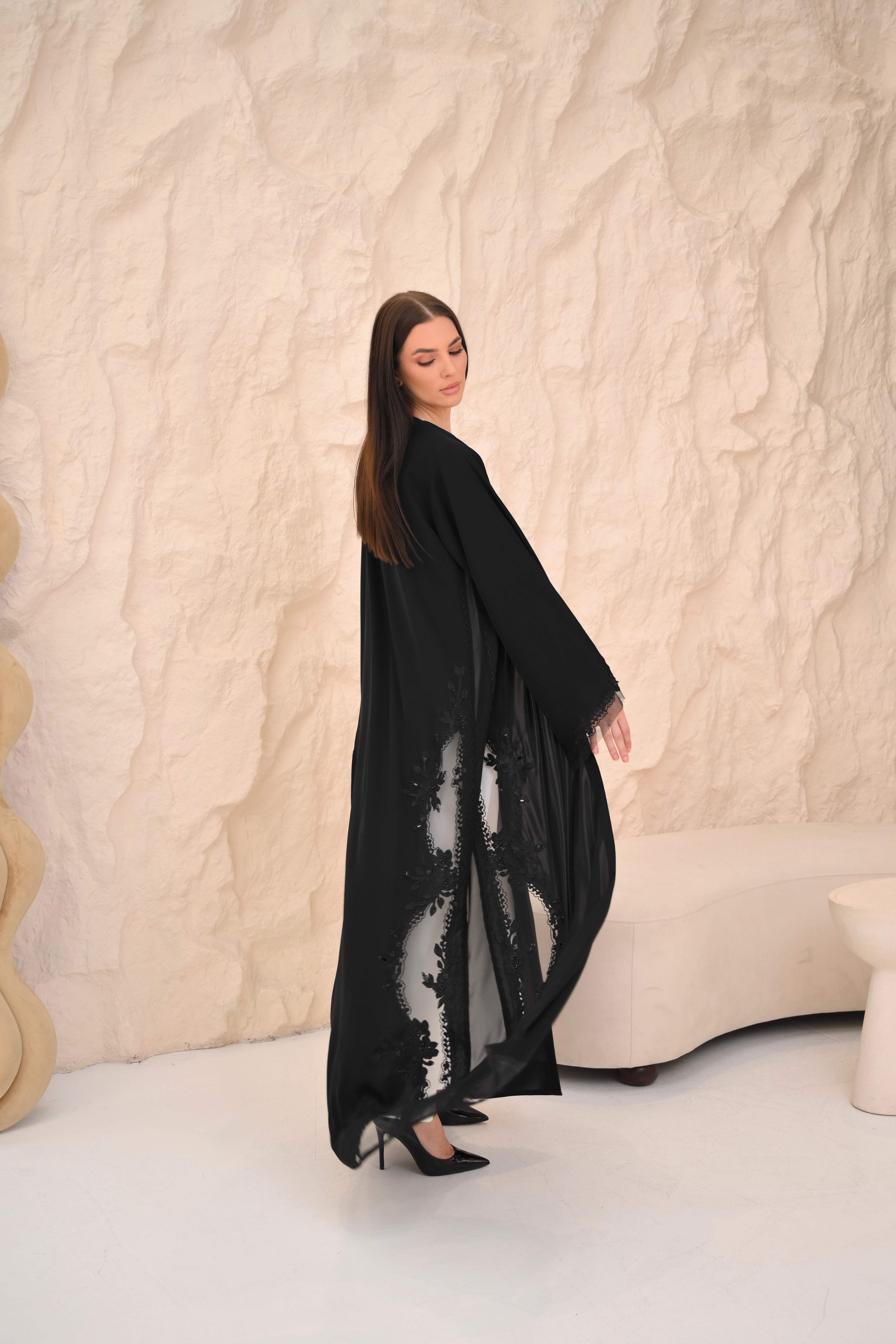 Black Nida abaya back view — laser cut dori detailing Al Anood UAE