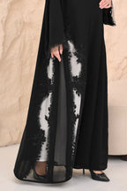 Black abaya side view — subtle A-line flare chiffon hem Al Anood UAE