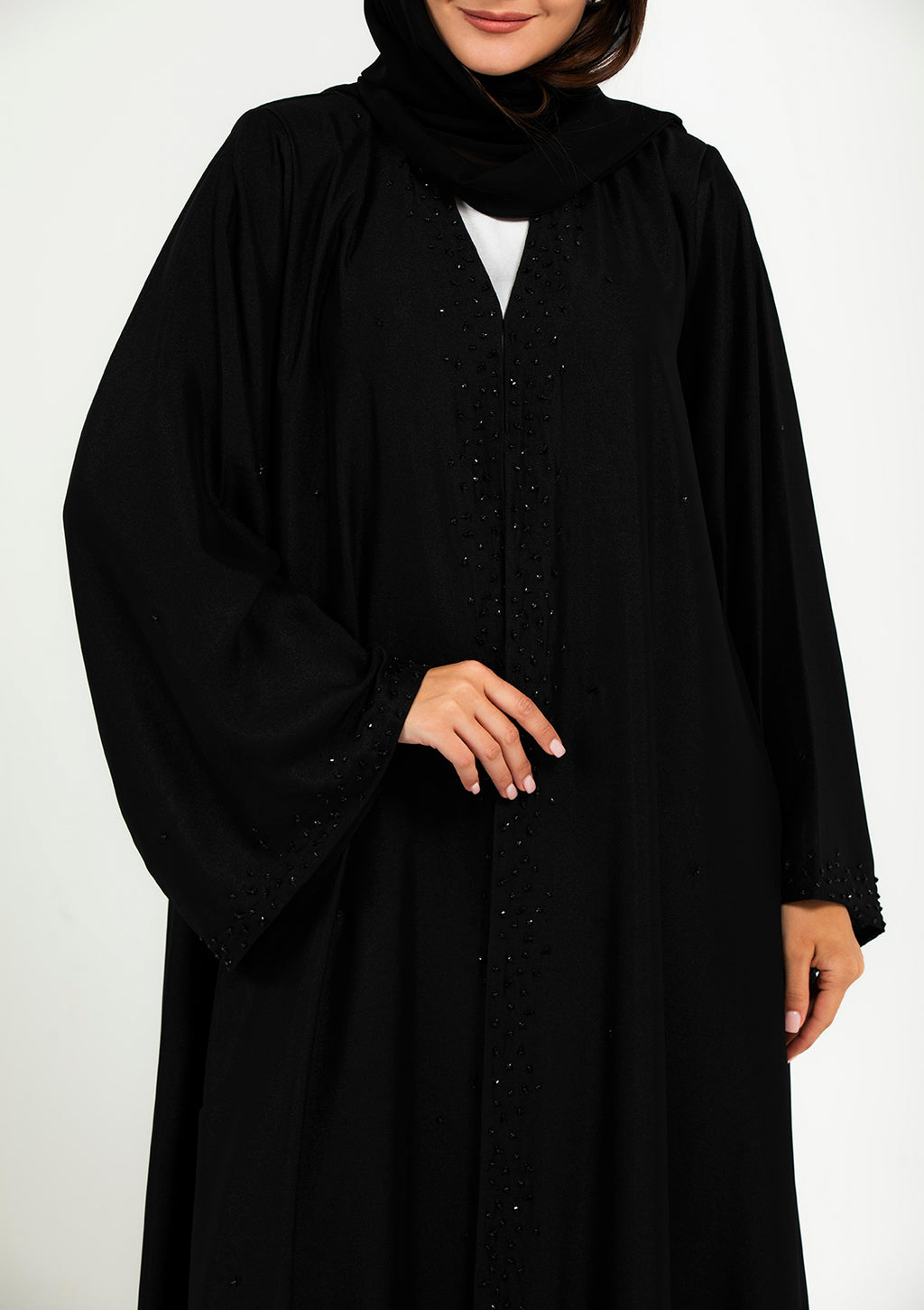 Crystal beadwork close-up black wedding abaya — Al Anood luxury collection