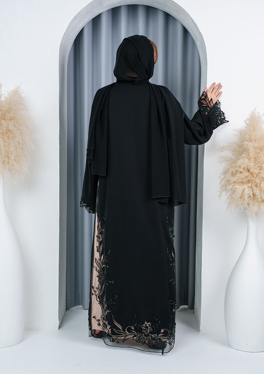 elegant black abaya with zari embroidery and dori work