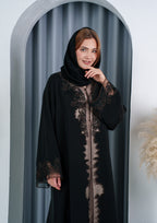 elegant black abaya with lace applique and embroidery