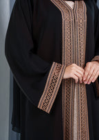 elegant formal abaya with vertical rose-gold design