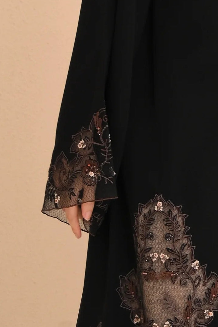 Black abaya front view — embroidered sheer side panels Al Anood UAE