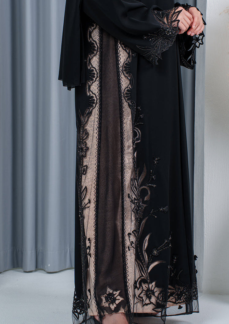 luxury abaya with laser cut floral pattern and handwork detailing