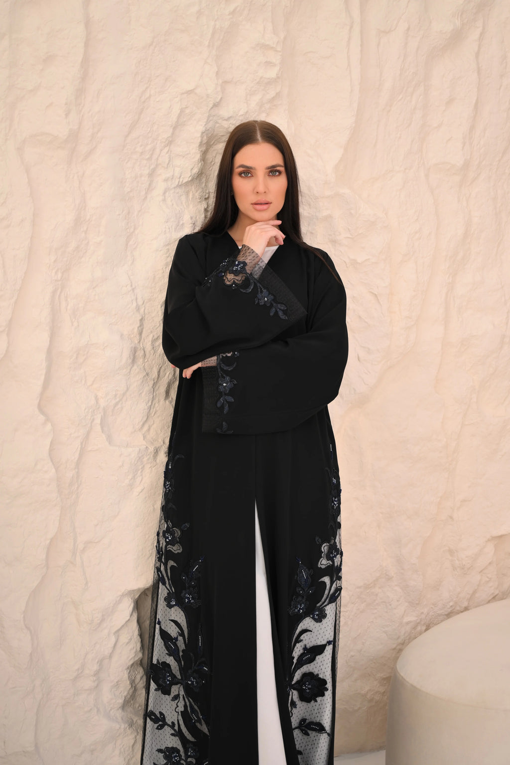 Sheer side panel detail luxury black Nida abaya — Al Anood UAE