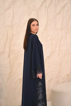 Dori handwork close-up navy Nida abaya — Al Anood luxury collection