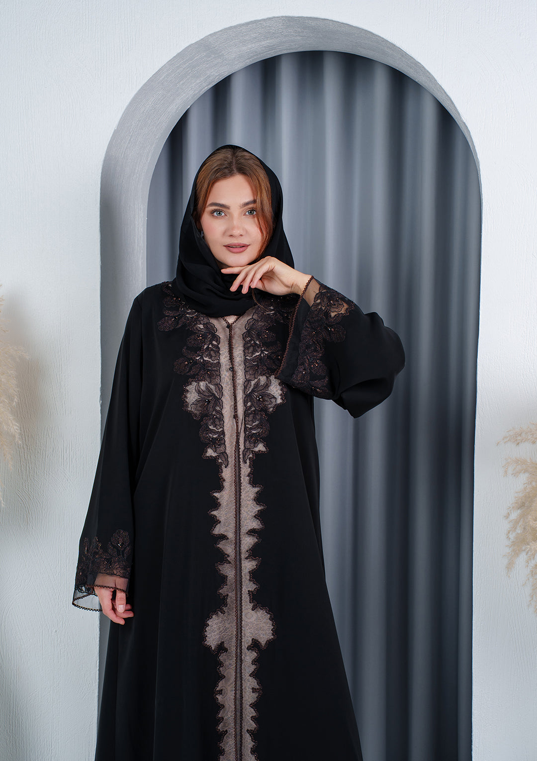 nida fabric abaya with floral embroidery detail