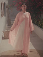 Luxury light pink lace abaya with elegant floral lace details and flowing sleeves 