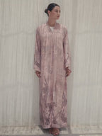 Luxury blush pink tie-dye abaya with laser cut details and Aari embroidery