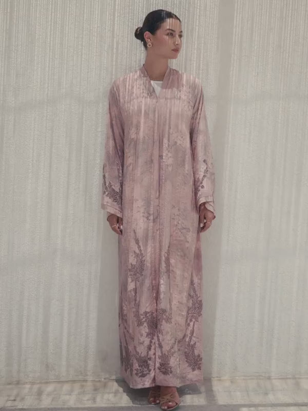 Luxury blush pink tie-dye abaya with laser cut details and Aari embroidery