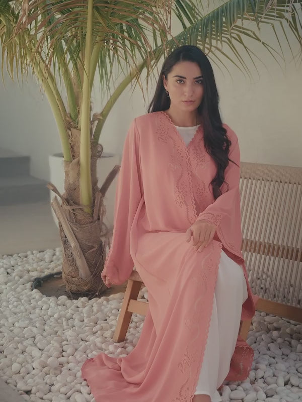Luxury Coral Pink Nida Abaya with Laser Cut & Aari Embroidery
