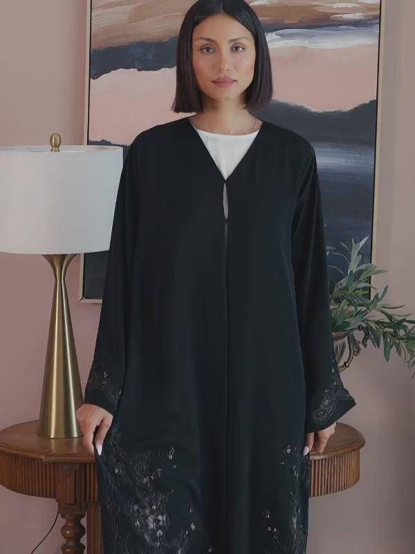 Luxury black Emirati abaya with embroidered details