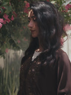Luxury brown abaya with elegant handwork embroidery details on the front and sleeves