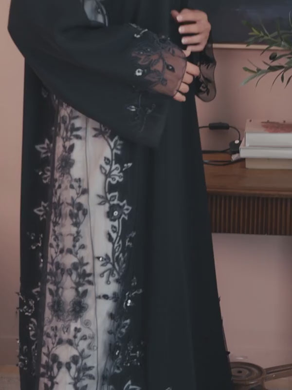 Luxury VIP black abaya with floral laser embroidery and elegant handwork details on sleeves and sides