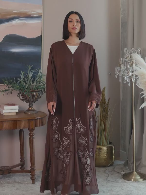 Brown Emirati abaya with laser cut detailing, Dori embroidery and handwork on sleeves and sides, luxury modest fashion design