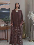 Brown Emirati abaya with laser cut detailing, Dori embroidery and handwork on sleeves and sides, luxury modest fashion design