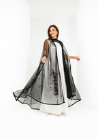 Black sheer tulle wedding abaya with 3D laser-cut floral motifs — Al Anood UAE