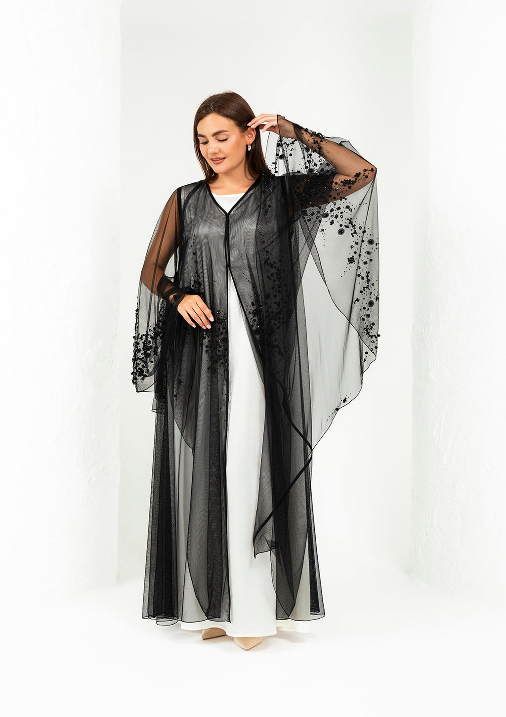 Floral beading close-up black Sada Toor wedding abaya — Al Anood luxury collection